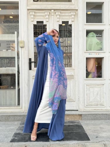 عباية بليند بأكمام وطرحة مشجرة - أزرق فاتح