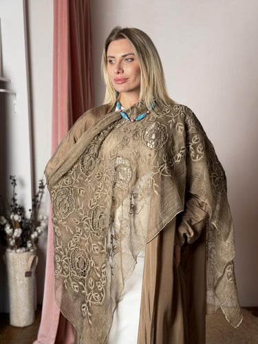 عباية حرير طرحة مطرزة - كاكي