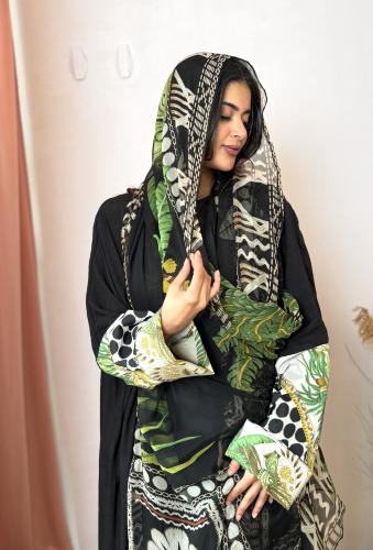 عباية كوبرو اكمام وطرحة مشجرة - اسود