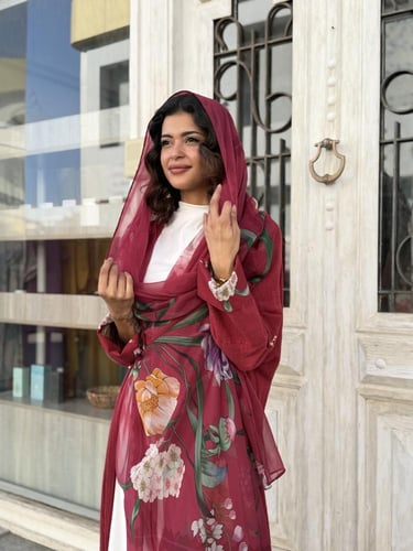 عباية بأكمام وطرحة مشجرة - أحمر طوبي