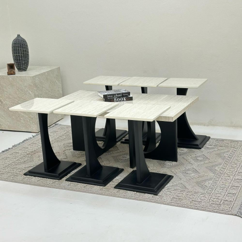 طقم طاولات ضيافة 7 قطع بديل رخام وقاعدة خشب أسود م...