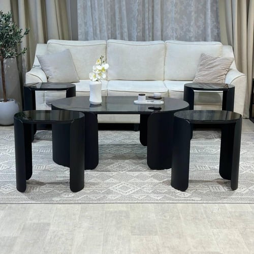 طقم طاولات ضيافة 5 قطع زجاج أسود وهيكل حديد أسود م...