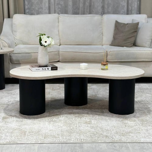 طقم طاولات 3 قطع خشبي بيج وقواعد أسطوانية سوداء