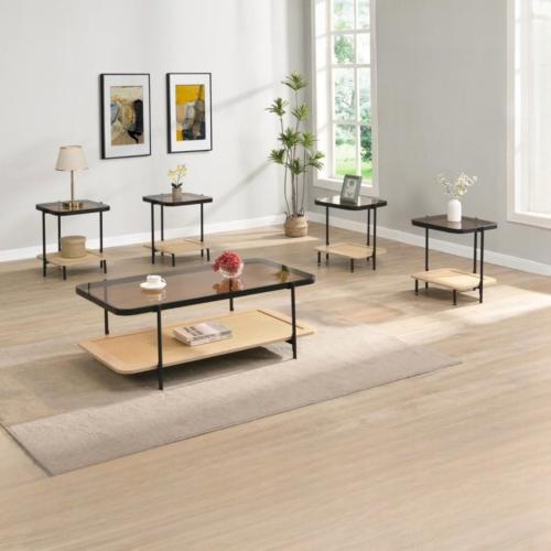 طقم طاولات ضيافة دورين خشب بيج سطح زجاج بني شفاف م...