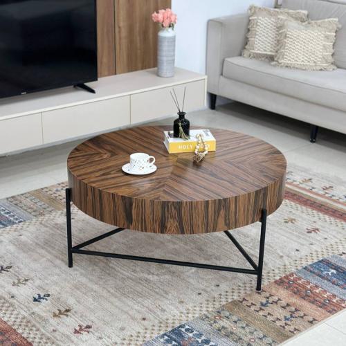 طاولة ضيافة دائري خشب بني قاعدة حديد