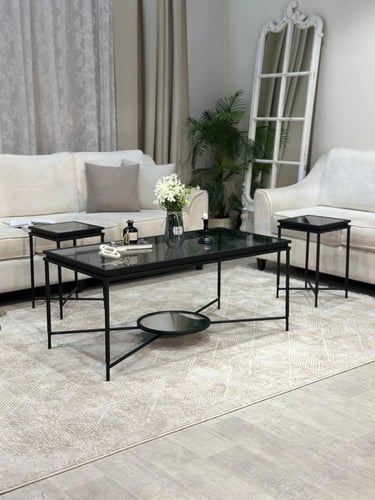 طقم طاولات 5 قطع زجاج أسود وهيكل أسود بمركز دائري