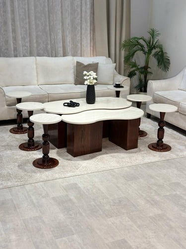 طقم طاولات 8 قطع رخامي أبيض وقواعد خشبية كلاسيكية