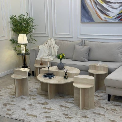 طقم طاولات ضيافة 5 قطع خشب بديل رخام بيج بتصميم مت...