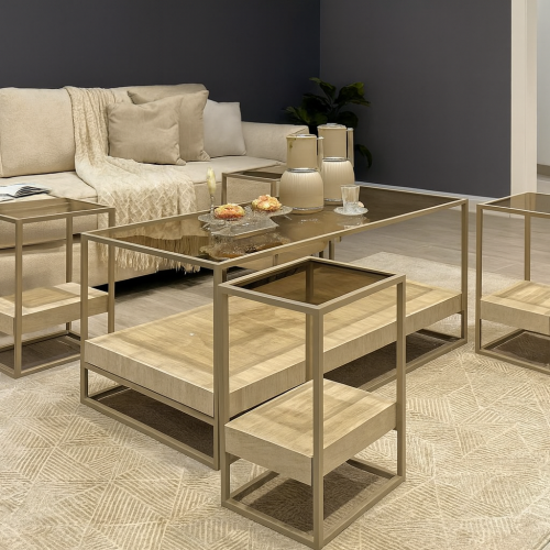 طقم طاولات ضيافة 5 قطع زجاج بني وهيكل شمباني دورين...