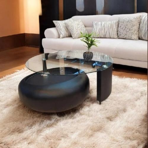 طاوله اساسيه مفرد زجاج شفاف مع خشب أسود بكفرات