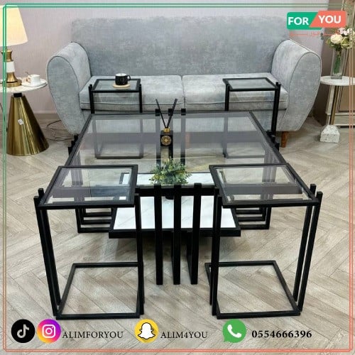 طقم طاولات ضيافة 5 قطع زجاج شفاف وهيكل حديد أسود د...