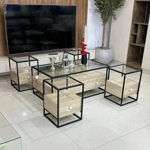 طقم طاولات ضيافة 5 قطع خشب فاتح بأدراج وسطح زجاجي