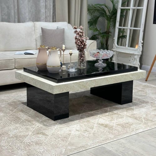 طقم طاولات 5 قطع رخامي بيج وهيكل مكعب أسود حرف C