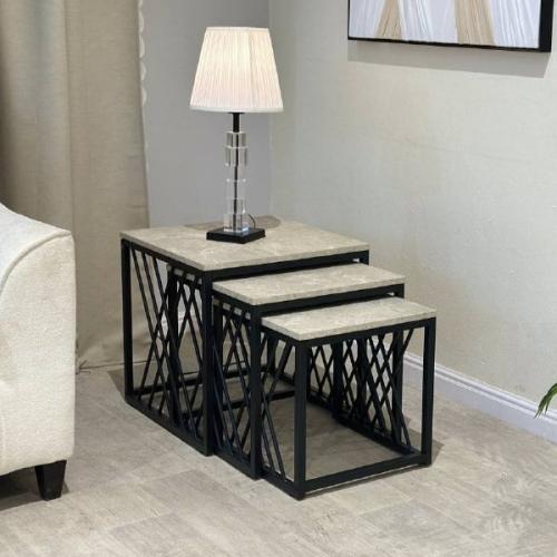 طقم طاولات شاي خشب رمادي 3 قطع