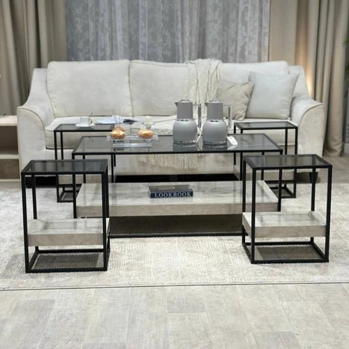 طقم طاولات ضيافة 5 قطع زجاج أسود وهيكل أسود دورين...