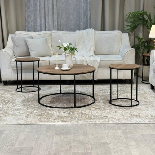 طقم طاولات ضيافة 7 قطع خشب بني فاتح وهيكل حديد أسو...