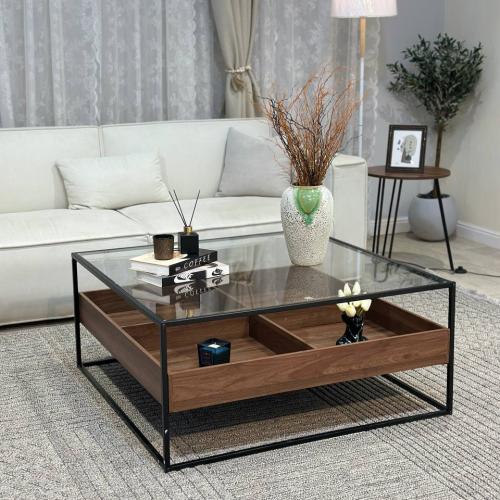 طاولة ضيافة سطح زجاج شفاف خشب مقسم بني