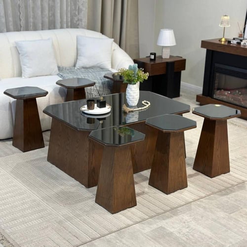 طقم طاولات ضيافة 7 قطع خشب بني غامق بسطح زجاجي أسو...