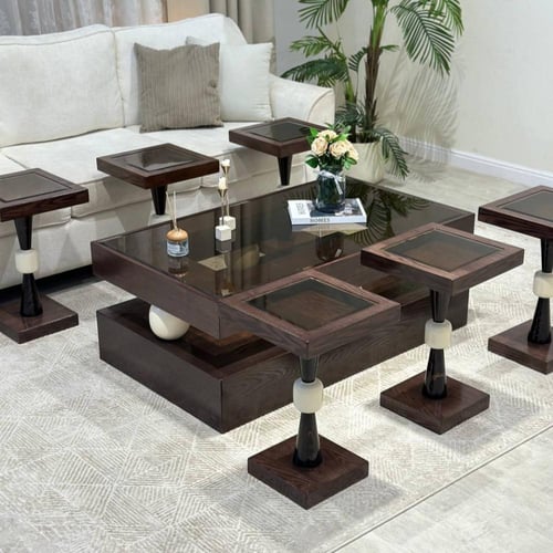 طقم طاولات ضيافة خشب بني غامق سطح زجاج شفاف مع 6 خ...