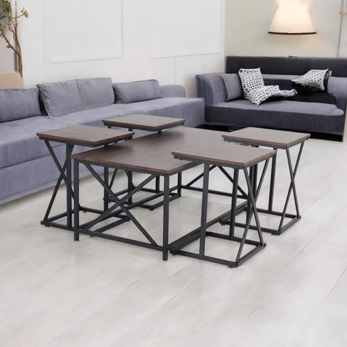 طقم طاولات ضيافة 5 قطع خشب بني مربعة وهيكل X أسود