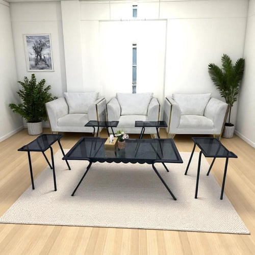 طقم طاولات ضيافة 5 قطع زجاج شفاف وهيكل حديد أسود ب...