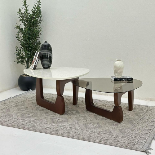 طقم طاولات ضيافة قطعتين بديل رخام وزجاج بقاعدة خشب...