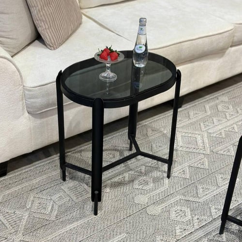 طقم طاولات ضيافة 5 قطع زجاج أسود وهيكل حديد أسود م...