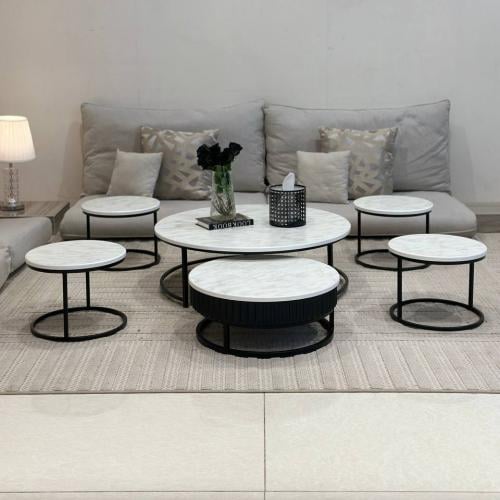 طقم طاولات أرضي 5 قطع خشب أبيض رخامي دائري (قاعدة...
