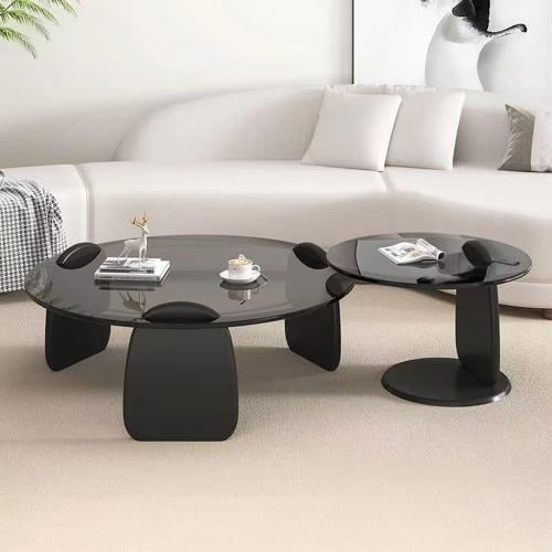 طقم طاولتين ضيافة خشب أسود سطح زجاج دائري أسود شفا...