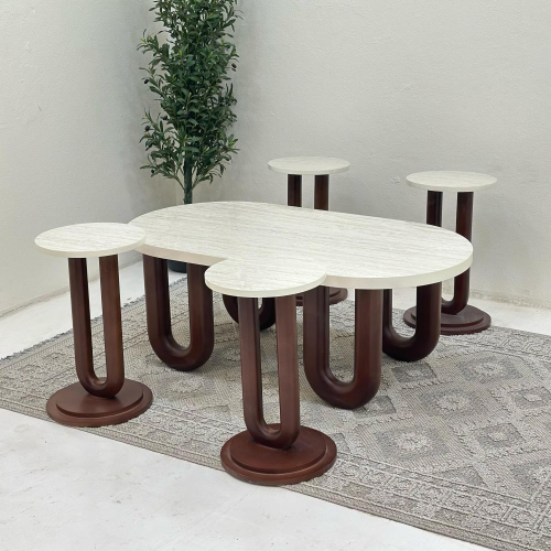 طقم طاولات ضيافة 5 قطع بديل رخام وقاعدة خشب بني بي...