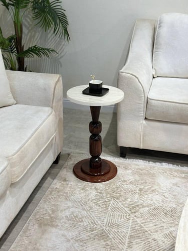 طقم طاولات 8 قطع رخامي أبيض وقواعد خشبية كلاسيكية