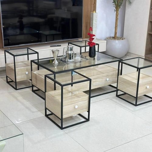 طقم طاولات ضيافة 5 قطع خشب فاتح بأدراج وسطح زجاجي