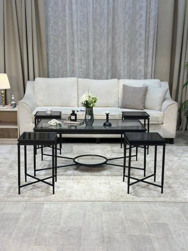 طقم طاولات 5 قطع زجاج أسود وهيكل أسود بمركز دائري