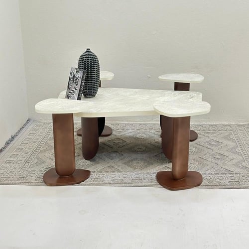 طقم طاولات ضيافة 7 قطع بديل حجر ملمس خشن وقاعدة بن...