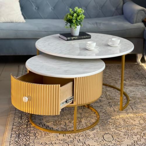 طقم طاولتين بدرج ذهبي سطح خشب شكل رخام TL