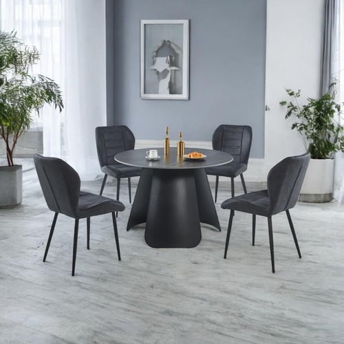 طاولة طعام سيراميك دائري مع 4 كراسي لون أسود