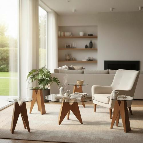 طقم طاولة خشب بني زجاج شفاف مع 4 خدمات