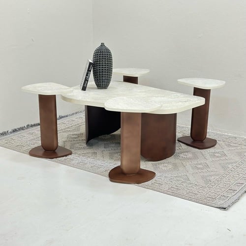 طقم طاولات ضيافة 7 قطع بديل حجر ملمس خشن وقاعدة بن...