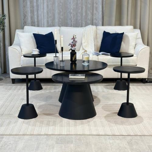 طقم طاولات ضيافة 5 قطع خشب أسود وقواعد مخروطية دور...