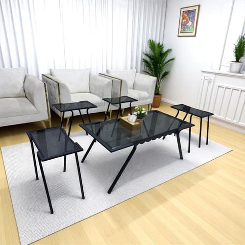 طقم طاولات ضيافة 5 قطع زجاج شفاف وهيكل حديد أسود ب...