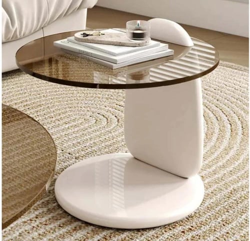 طقم طاولتين ضيافة خشب أبيض سطح زجاج دائري بني شفاف...