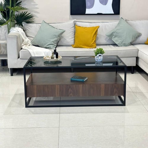 طقم طاولات ضيافة 5 قطع خشب بني بسطح زجاجي أسود وأر...