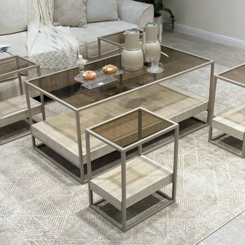 طقم طاولات ضيافة 5 قطع زجاج بني وهيكل شمباني دورين...