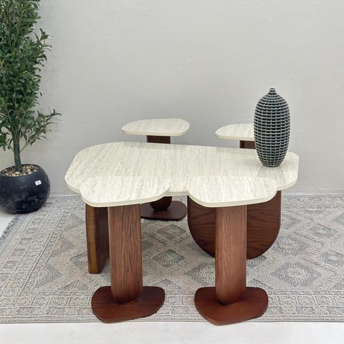 طقم طاولات ضيافة 5 قطع بديل رخام وقاعدة خشب سنديان...