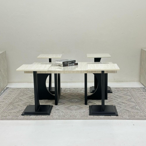 طقم طاولات ضيافة 5 قطع بديل رخام وقاعدة خشب أسود م...