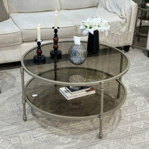 طقم طاولات ضيافة 5 قطع زجاج بني وهيكل شمباني دورين...