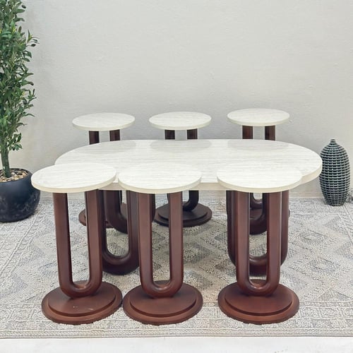 طقم طاولات ضيافة 7 قطع بديل رخام وقاعدة خشب بني بي...