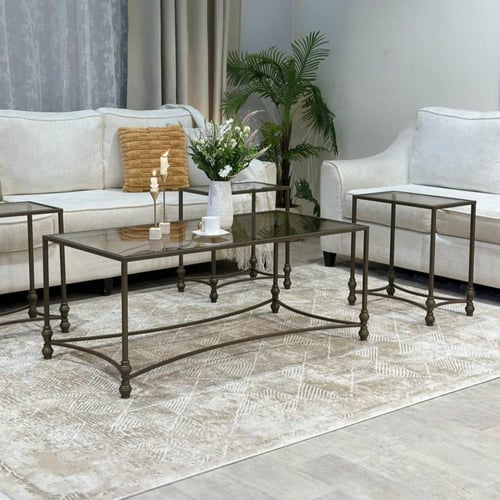 طقم طاولات 5 قطع زجاج برونزي وهيكل كلاسيكي مقوس