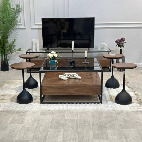 طقم طاولات 5 قطع زجاج وبني وخشب قشرة جوز الهند