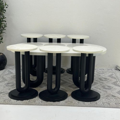 طقم طاولات ضيافة 7 قطع بديل رخام وقاعدة خشب أسود ب...